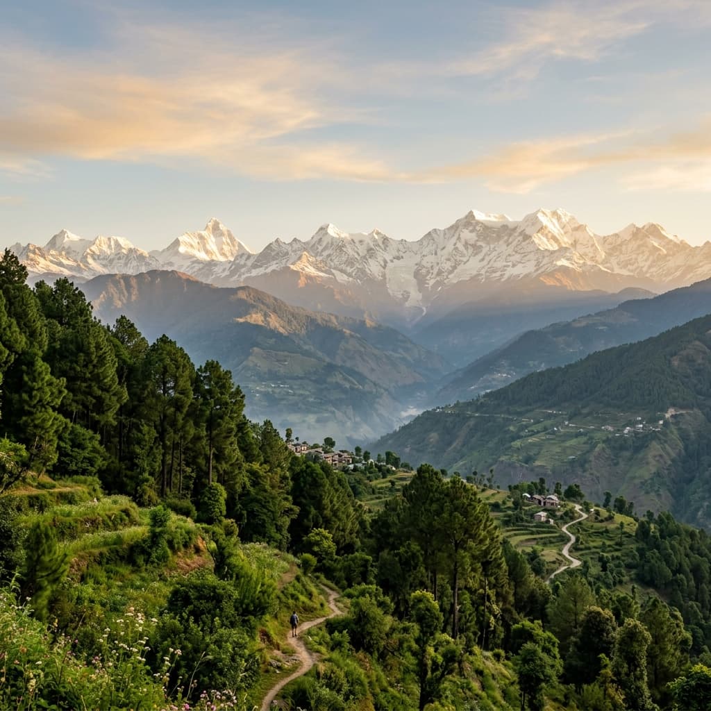 Himalayan panorama with lush forests and distant peaks near Almora