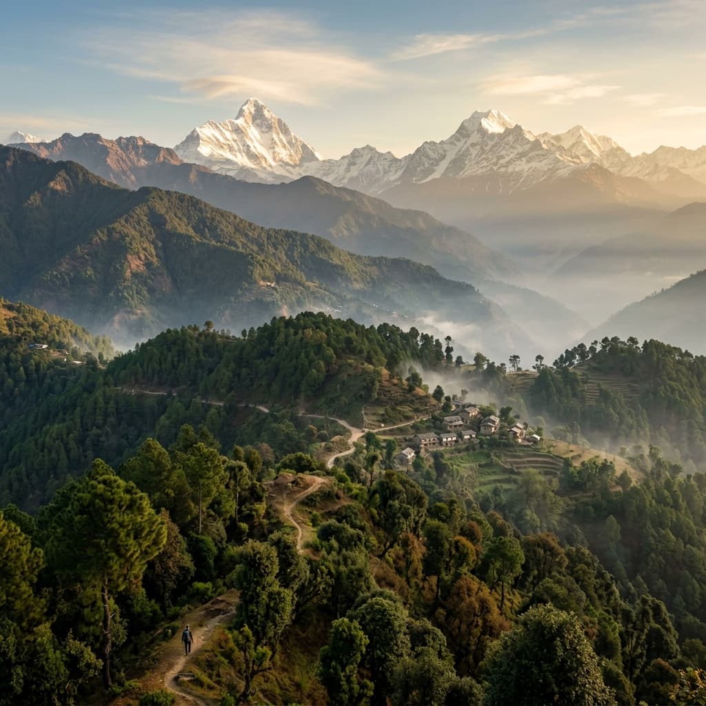 Almora Himalayan landscape — lush green forested hills and distant snow-capped peaks of Nanda Devi