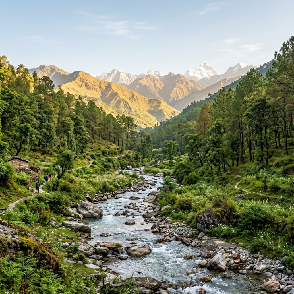 Pristine Himalayan valley with a clear stream near Almora