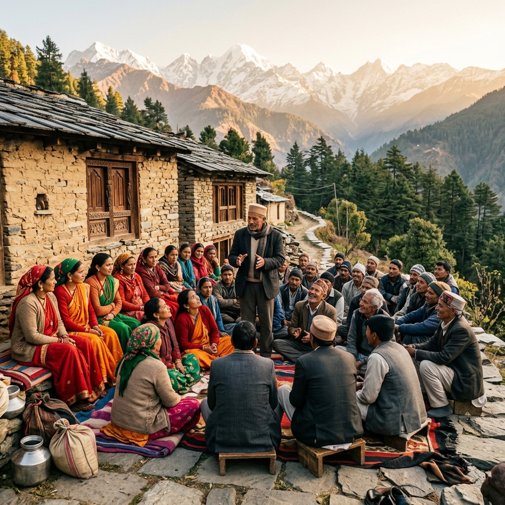 Community gathering in a Himalayan village discussing environmental protection
